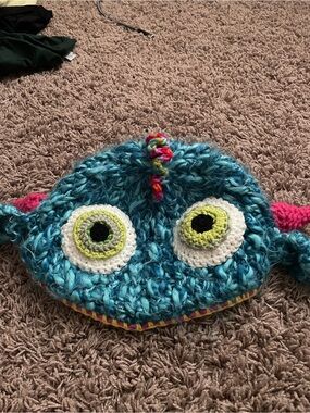Knotty Kid Blue Crochet Monster Kids Hat with Pink Accents